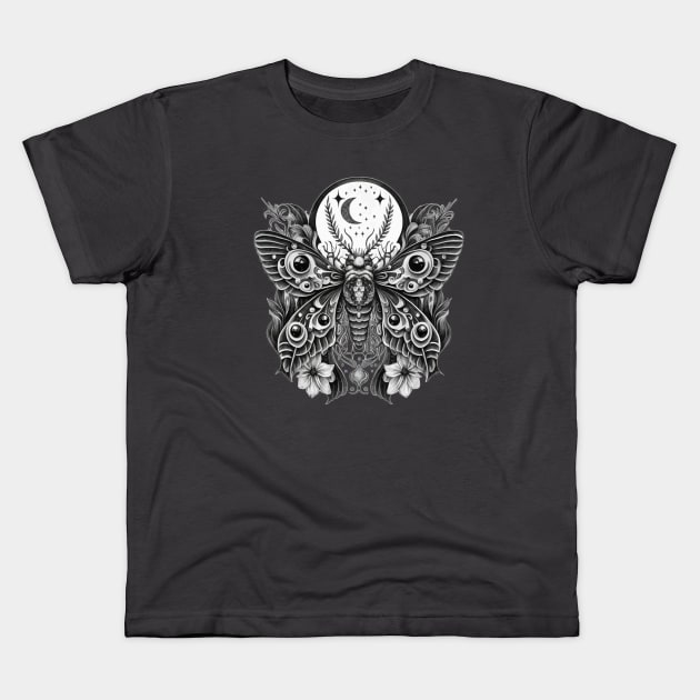 A Luna Butterfly, surrounded by a flower border and a moonphase - a gorgeous unisex witchy graphic Kids T-Shirt by ISFdraw